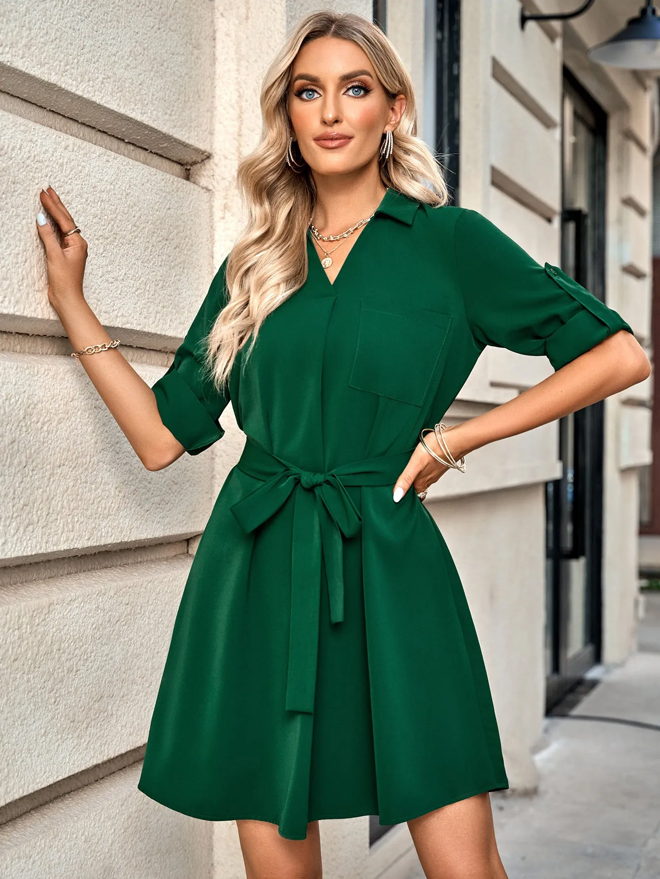 Beautiful Three Quarter Sleeve Belted Shift Dress