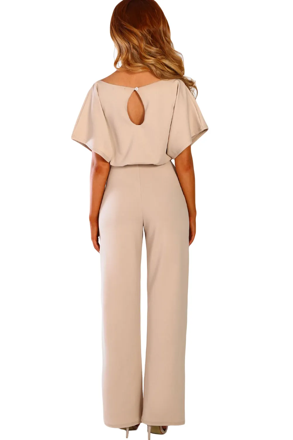 Beige Glam Belted Wide Leg Jumpsuit