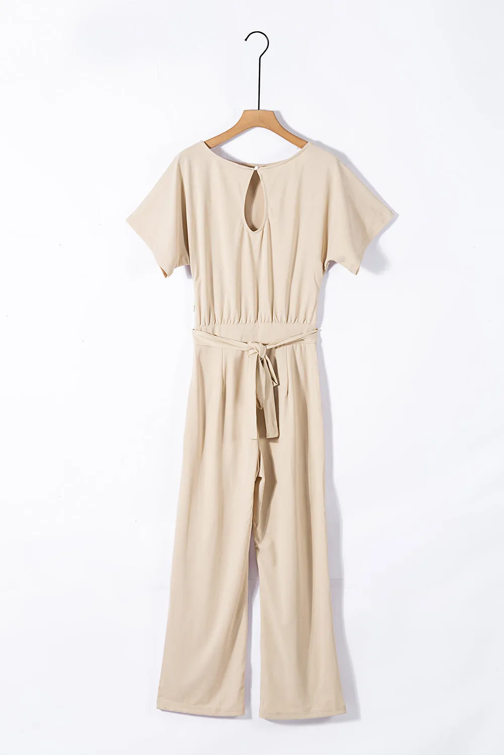 Beige Glam Belted Wide Leg Jumpsuit