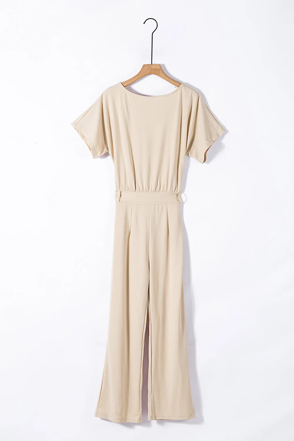 Beige Glam Belted Wide Leg Jumpsuit