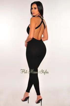 Black Ribbed Sleeveless Criss Cross Back Jumpsuit