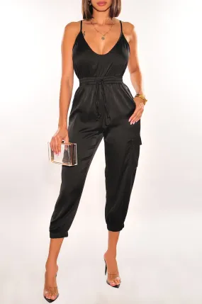 Black Satin Spaghetti Strap Snatched Jumpsuit