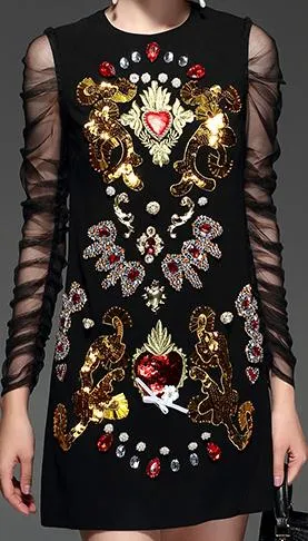 Black Sheer-Sleeved Applique-Embellished Shift Dress