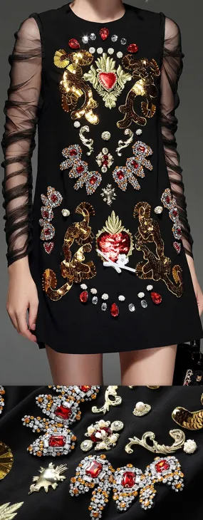 Black Sheer-Sleeved Applique-Embellished Shift Dress