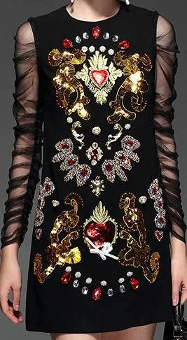 Black Sheer-Sleeved Applique-Embellished Shift Dress