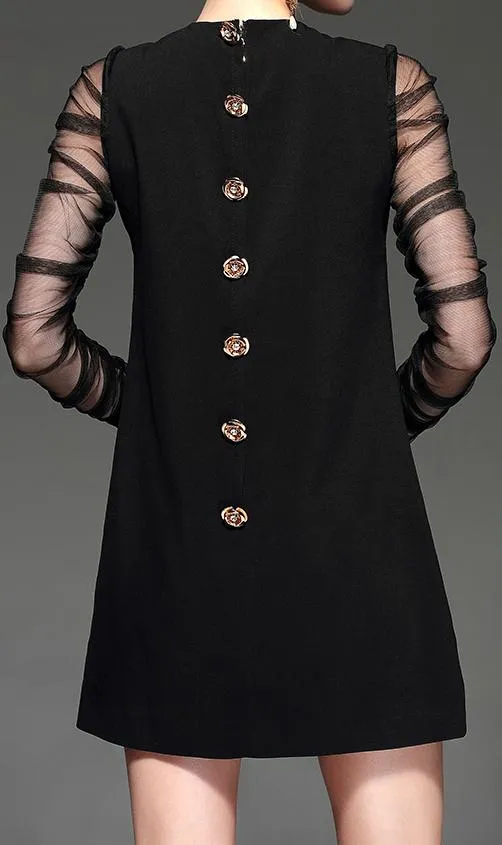 Black Sheer-Sleeved Applique-Embellished Shift Dress