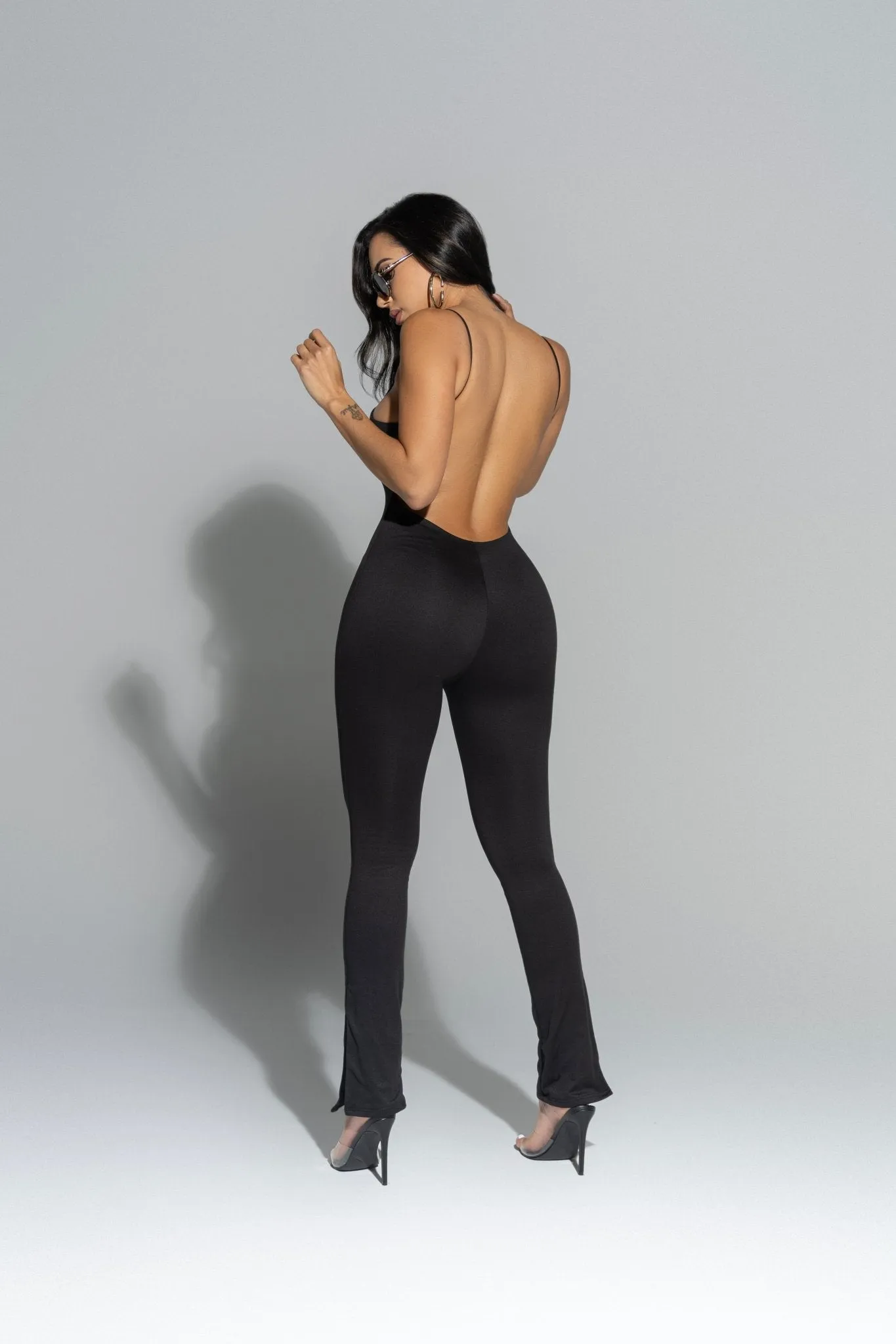 Black Spaghetti Strap V Neck Open Back Slit Jumpsuit