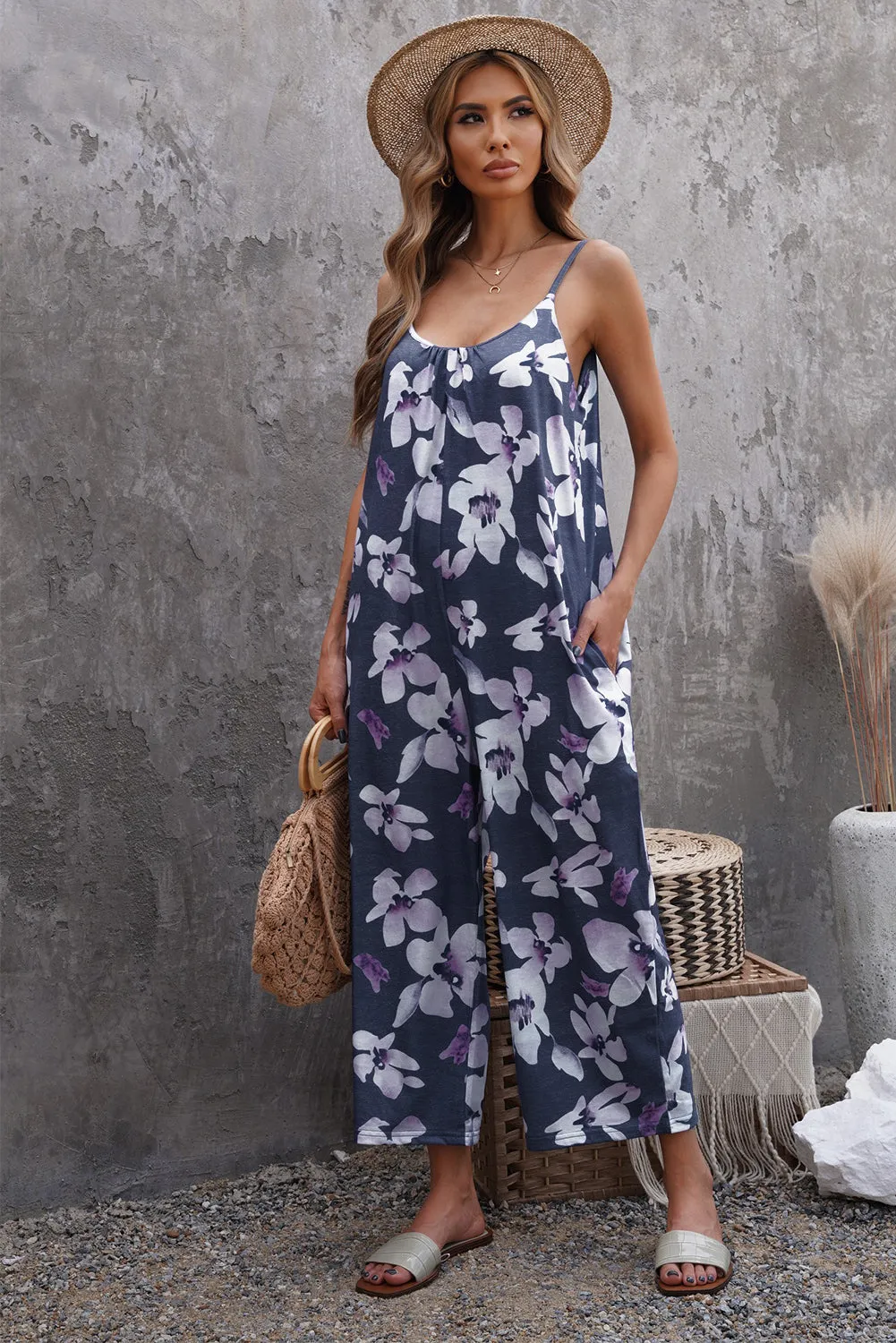 Botanical Print Spaghetti Strap Cropped Jumpsuit