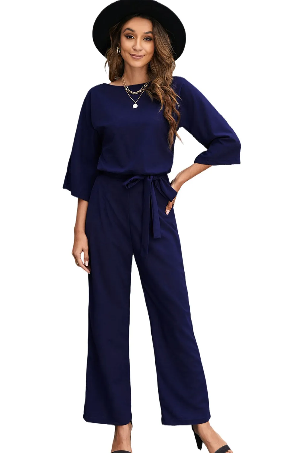 Bracelet Sleeve Waist Tie Wide Leg Jumpsuit