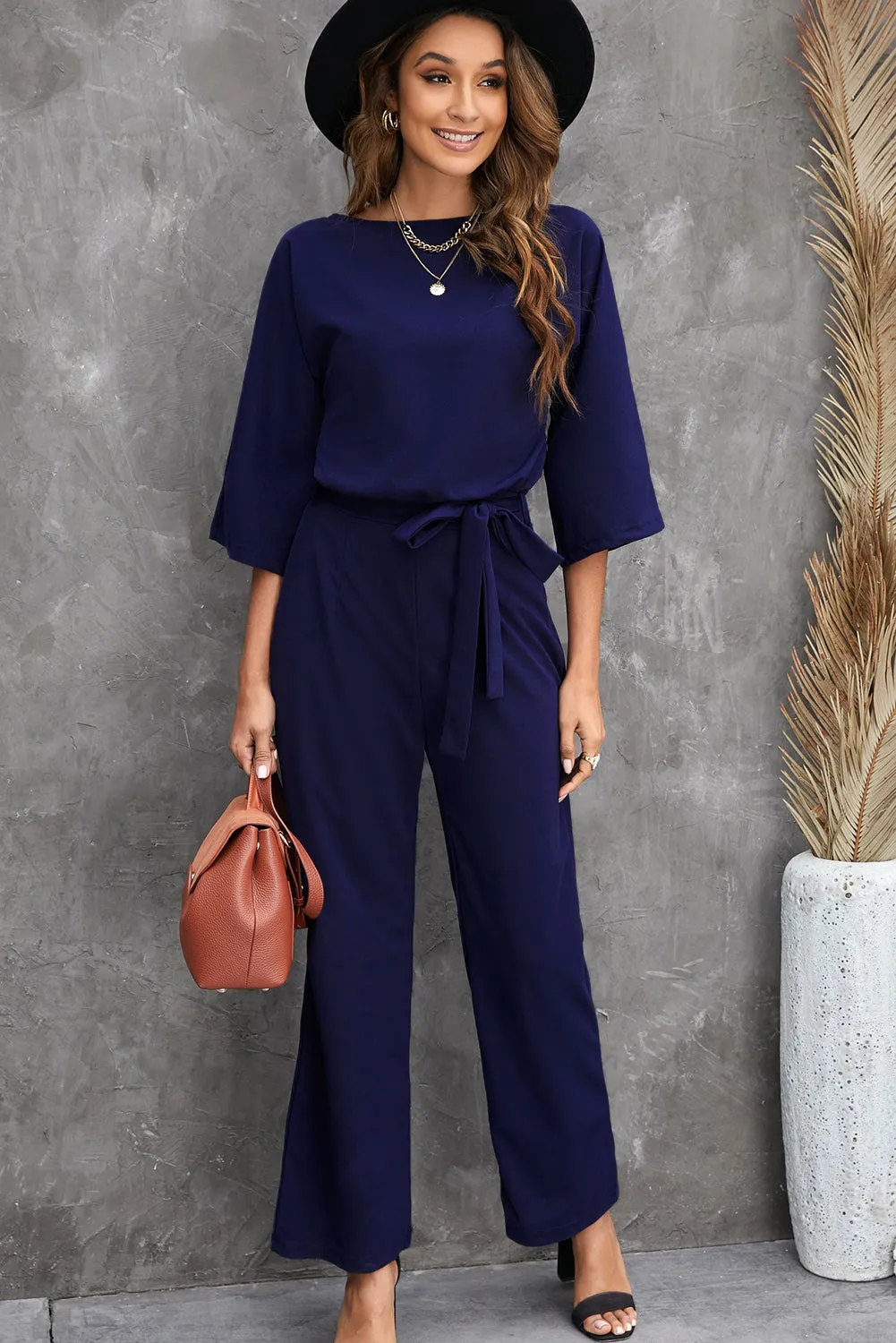 Bracelet Sleeve Waist Tie Wide Leg Jumpsuit