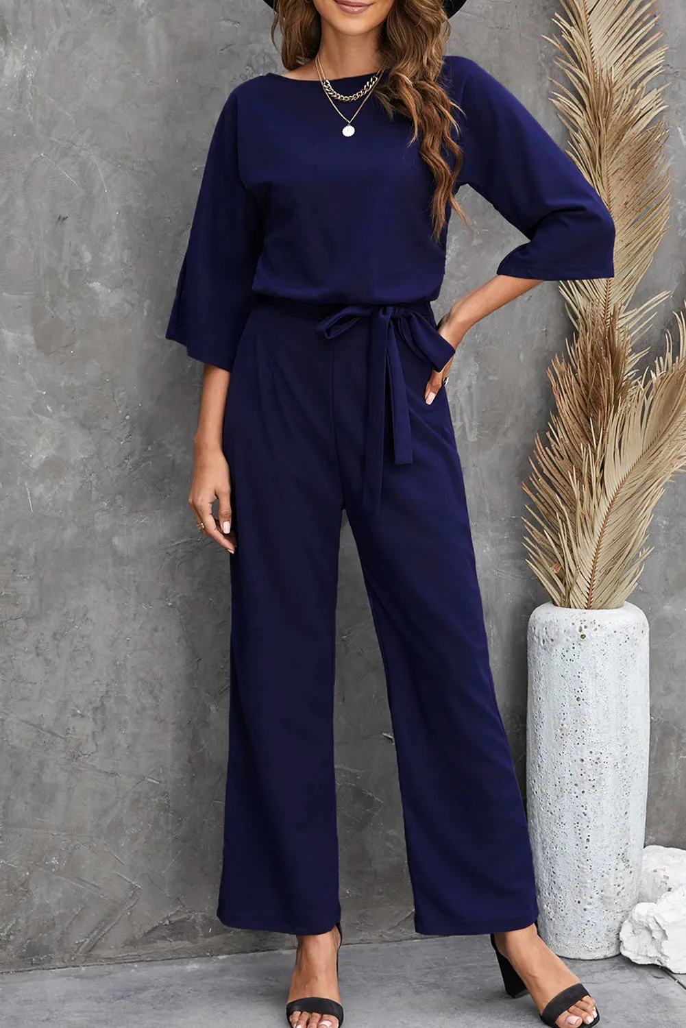 Bracelet Sleeve Waist Tie Wide Leg Jumpsuit