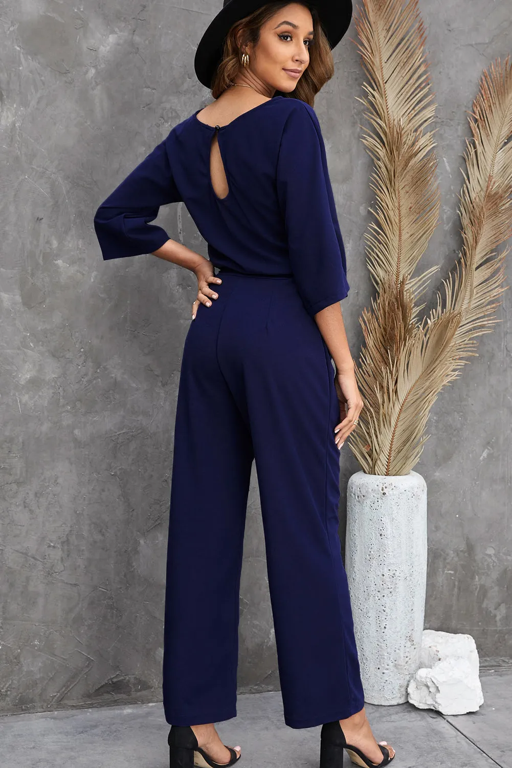 Bracelet Sleeve Waist Tie Wide Leg Jumpsuit