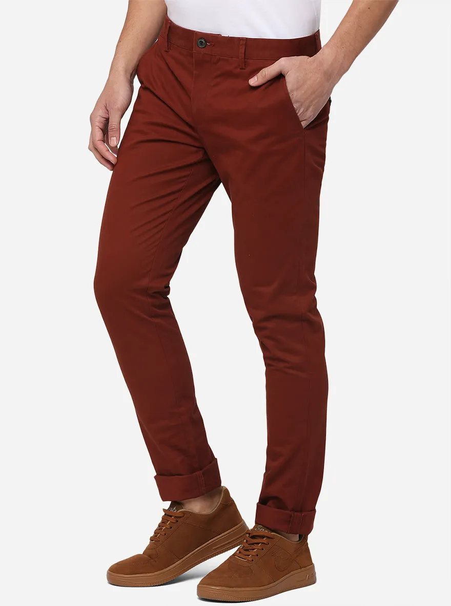 Brick Red Solid Slim Fit Casual Trouser | JadeBlue