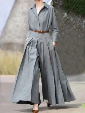 British Style Long Sleeves Pleated Lapel Wide Leg Jumpsuits New Women Spring Autumn Casual Going Out Jump Suits