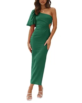 BTFBM Women Casual One Shoulder Maxi Dress Puff Short Sleeve Cutout Split Party Wedding Guest 2023 Summer Beach Dresses(Solid Green, Small)