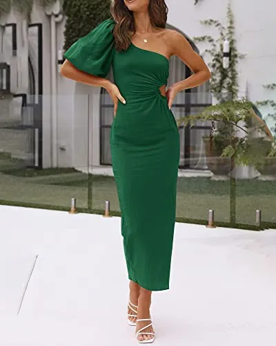 BTFBM Women Casual One Shoulder Maxi Dress Puff Short Sleeve Cutout Split Party Wedding Guest 2023 Summer Beach Dresses(Solid Green, Small)