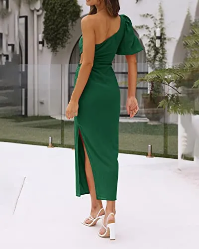 BTFBM Women Casual One Shoulder Maxi Dress Puff Short Sleeve Cutout Split Party Wedding Guest 2023 Summer Beach Dresses(Solid Green, Small)