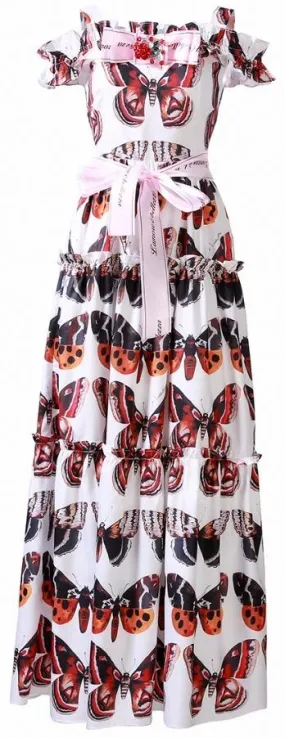 Butterfly Print Maxi Dress with Sashes