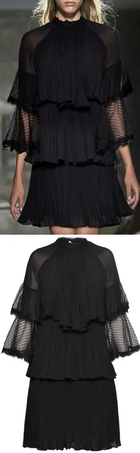 Chiffon Ruffled Pleated Shift dress, Black