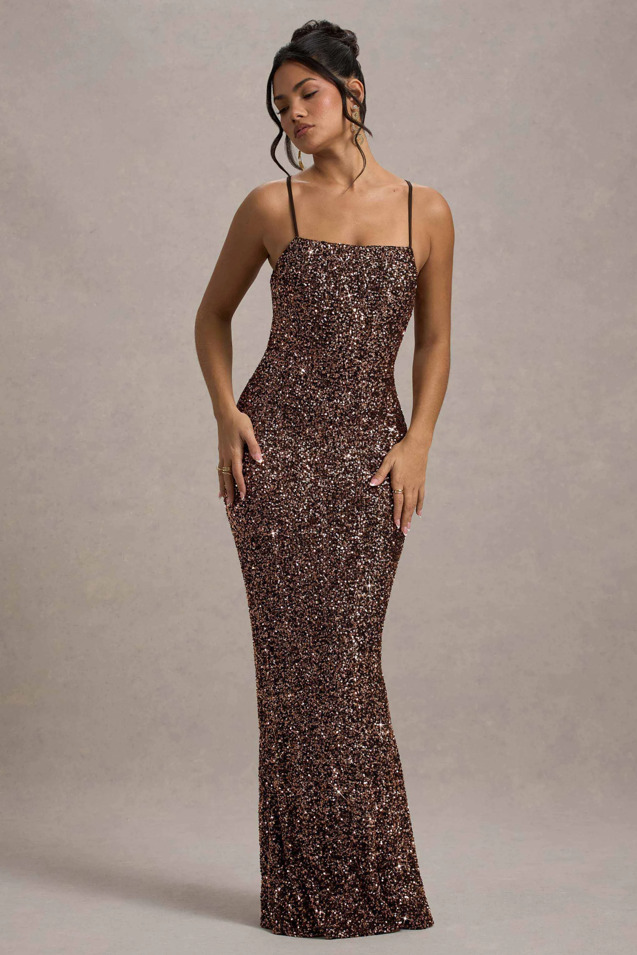 Cosmic | Bronze Sequin Square-Neck Strappy Maxi Dress