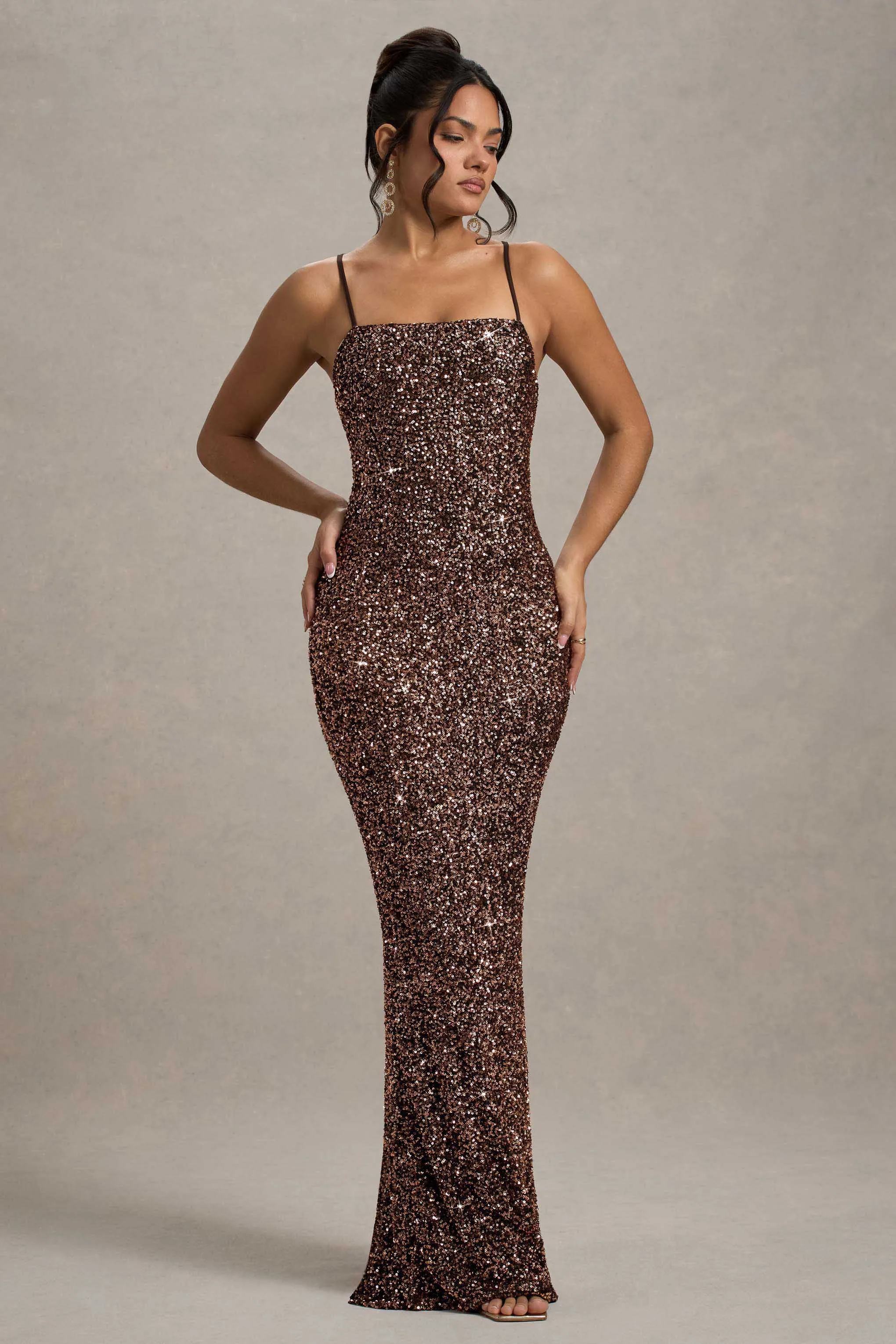 Cosmic | Bronze Sequin Square-Neck Strappy Maxi Dress