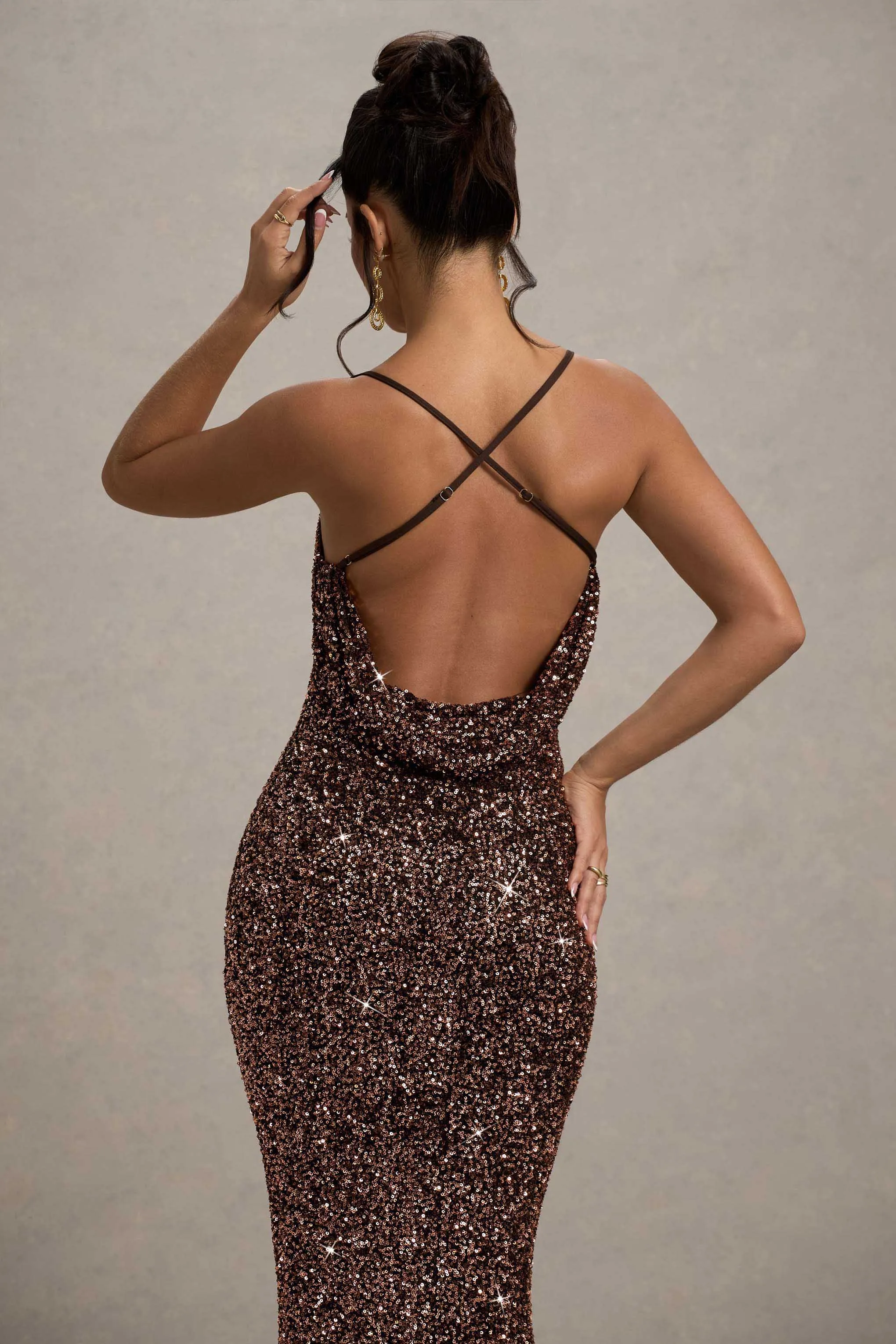 Cosmic | Bronze Sequin Square-Neck Strappy Maxi Dress