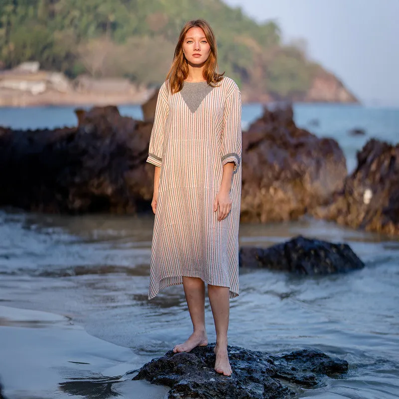 Cotton Striped Dress for Women | Off-White & Grey | Organic Dyed