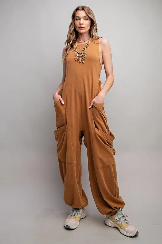 Easel Sleeveless washed cargo jumpsuit in Camel