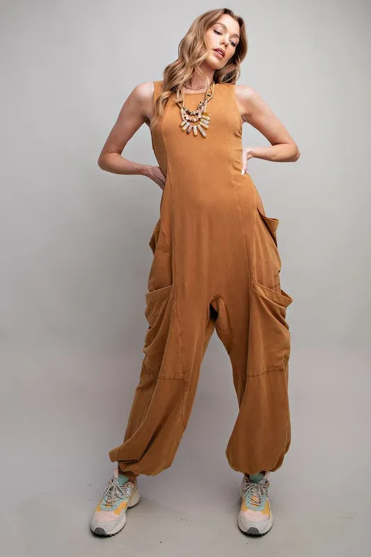 Easel Sleeveless washed cargo jumpsuit in Camel