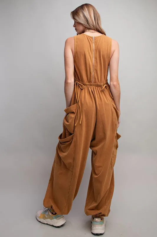 Easel Sleeveless washed cargo jumpsuit in Camel