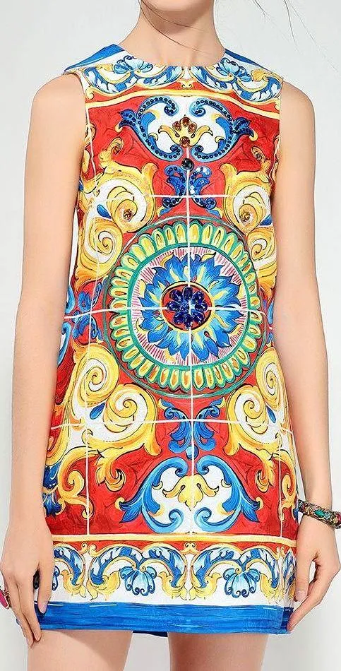 Embellished Printed Sleeveless Shift Dress