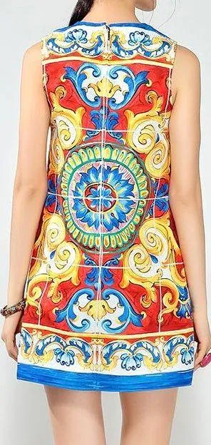 Embellished Printed Sleeveless Shift Dress