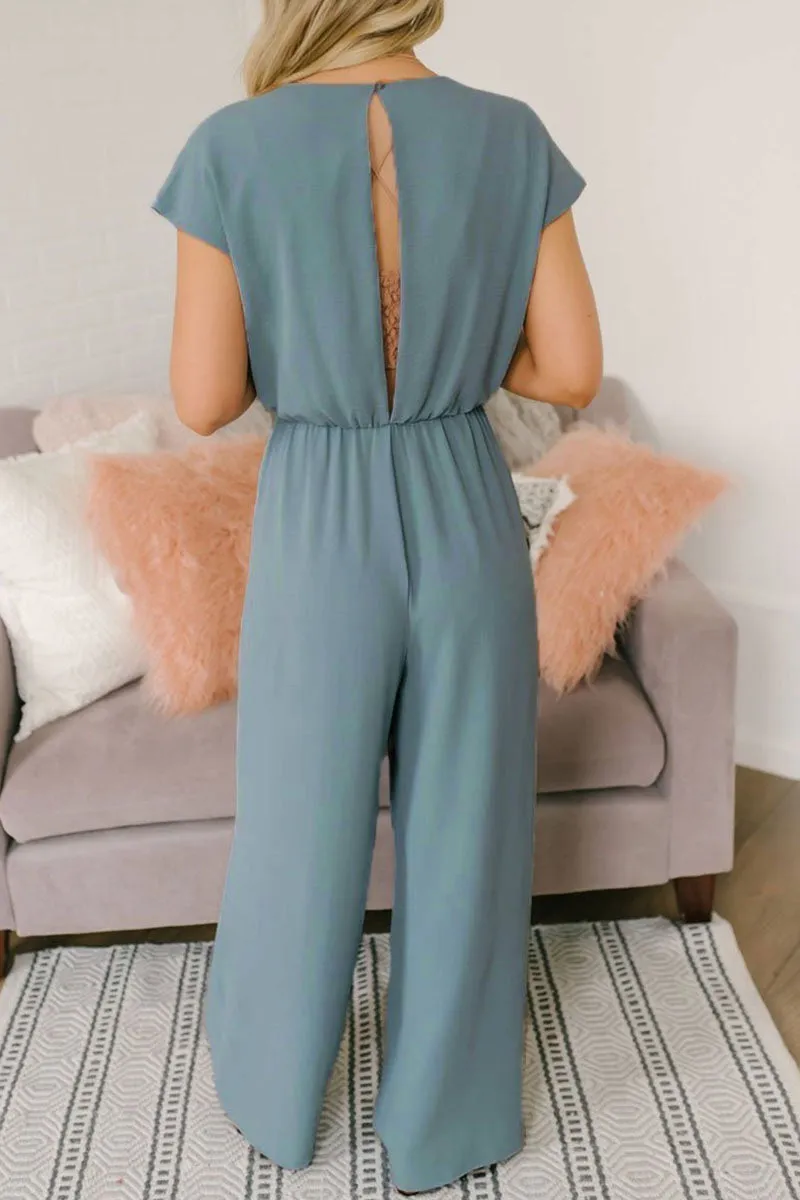 Fashion Street Solid Backless V Neck Loose Jumpsuits