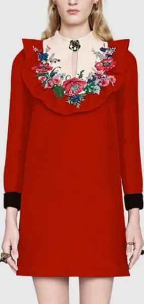 Floral-Embroidered Ruffle-Bib Shift Dress, Red