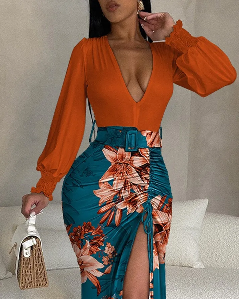 Floral Print Plunge High Slit Drawstring Maxi Dress