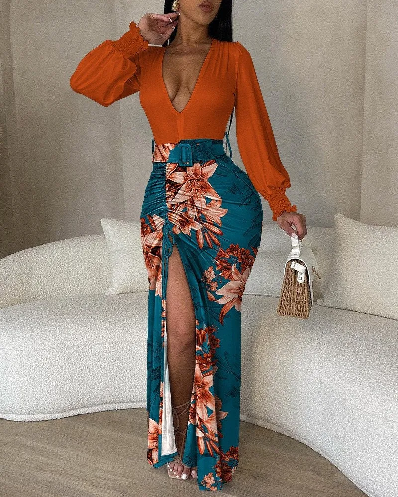 Floral Print Plunge High Slit Drawstring Maxi Dress