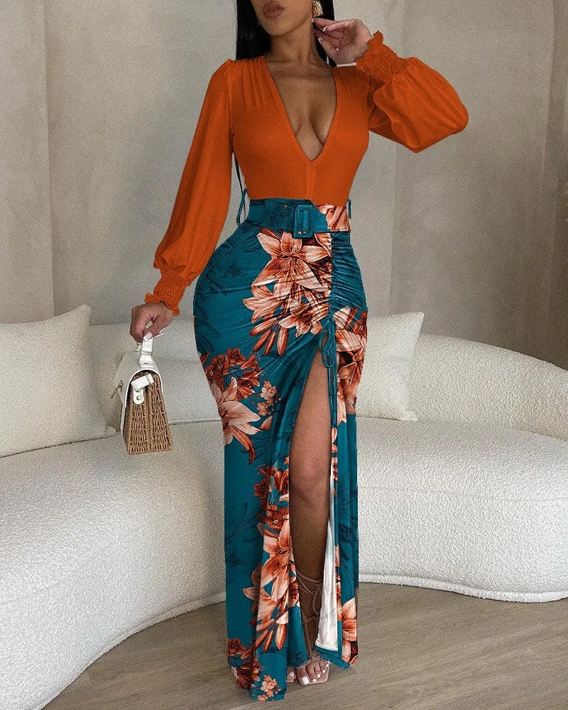 Floral Print Plunge High Slit Drawstring Maxi Dress