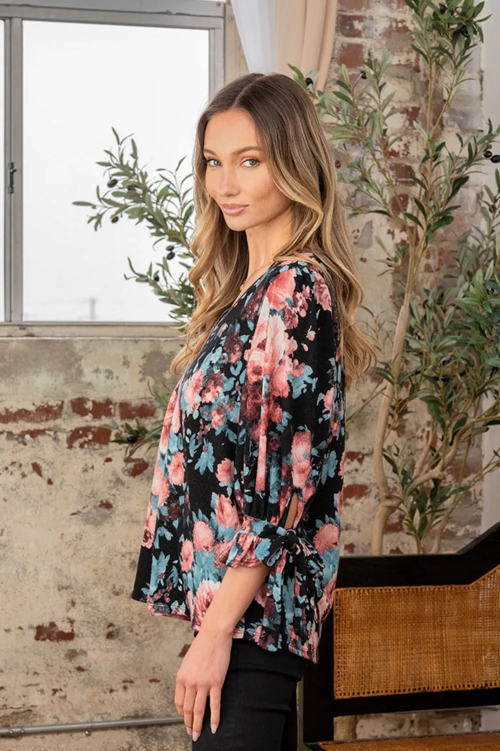 Full Size Floral V-Neck Top with Sleeve Knot