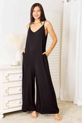 Full Size Soft Rayon Spaghetti Strap Tied Wide Leg Jumpsuit