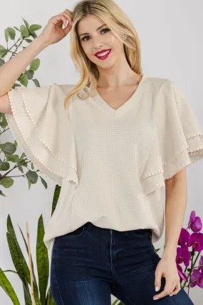 Full Size V-Neck Lace Trim Flutter Sleeve Top