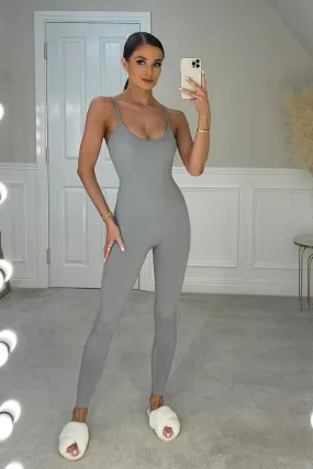 GREY SLEEVELESS BODYCON STYLE RIB KNIT JUMPSUIT