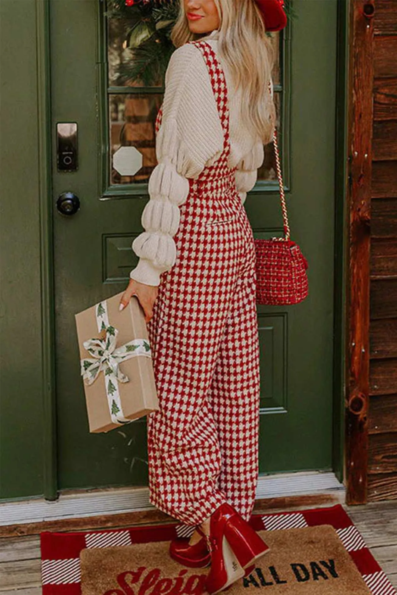 Houndstooth Sleeveless Wide Leg Jumpsuits