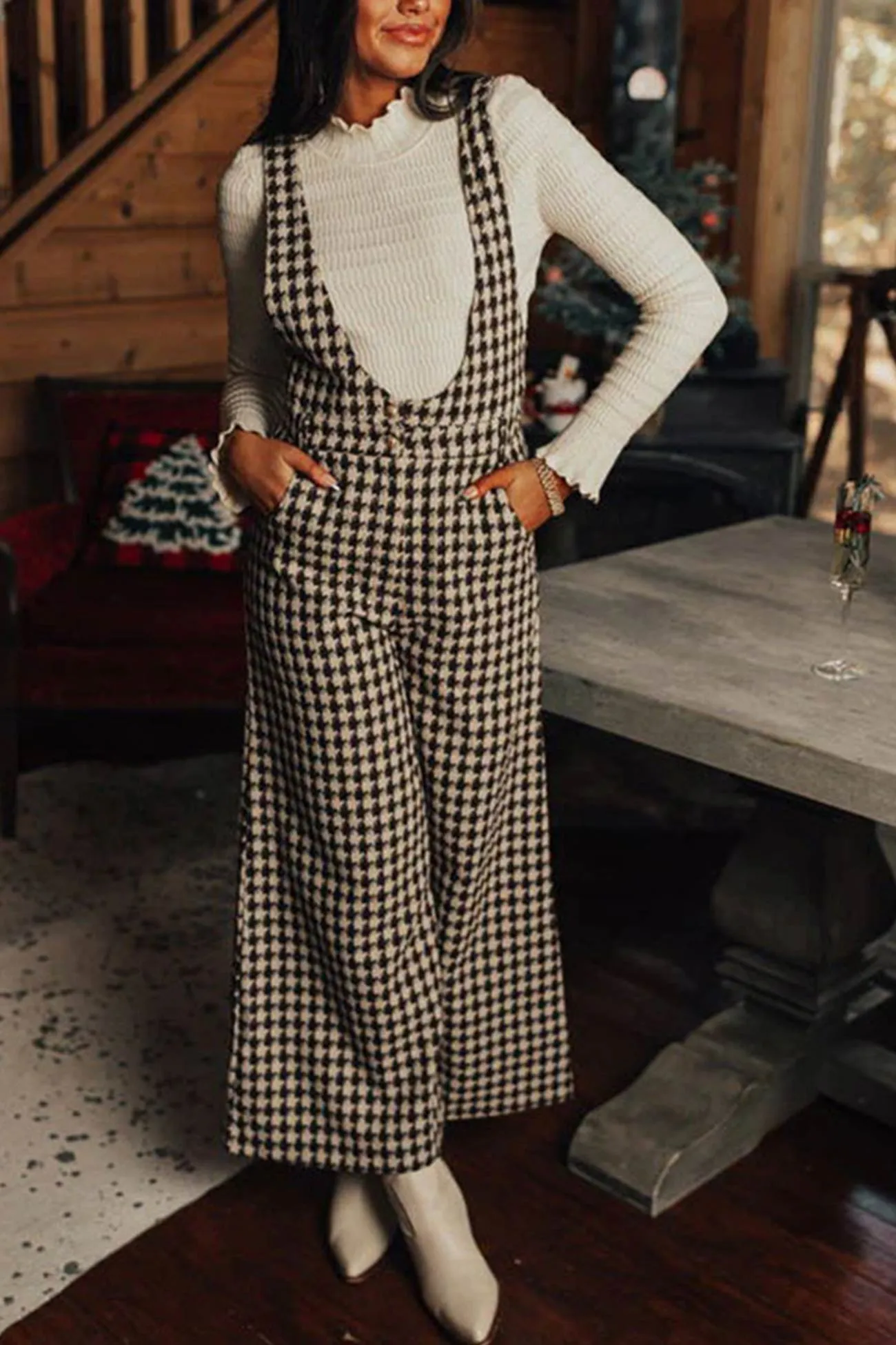 Houndstooth Sleeveless Wide Leg Jumpsuits