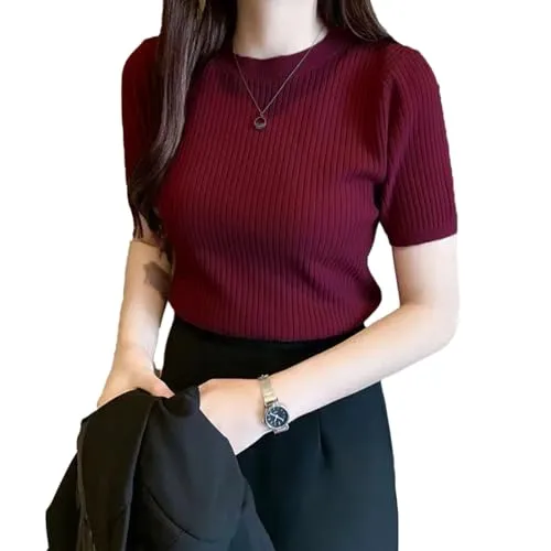 Istyle Can Maroon Plain Round Neck Rib Knit Regular Top for Women (Large, Maroon)