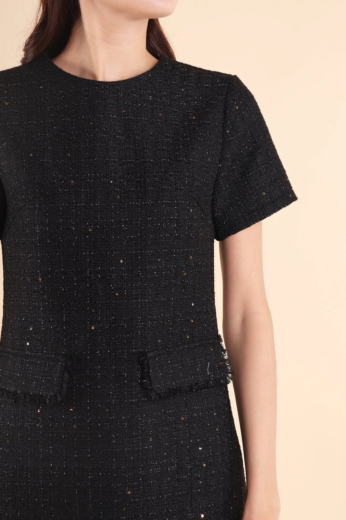 LEIGH TWEED SHIFT DRESS IN BLACK