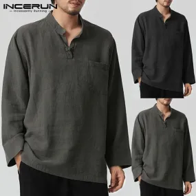 Long Sleeve V-neck Cotton Linen Men