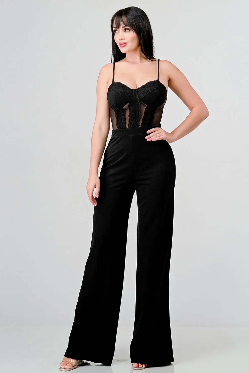 LUXE LACE SWEETHEART MESH CONTRAST JUMPSUIT