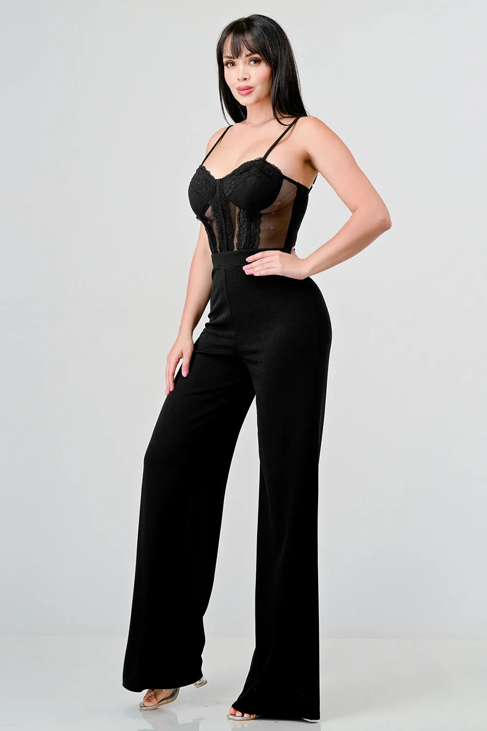 LUXE LACE SWEETHEART MESH CONTRAST JUMPSUIT