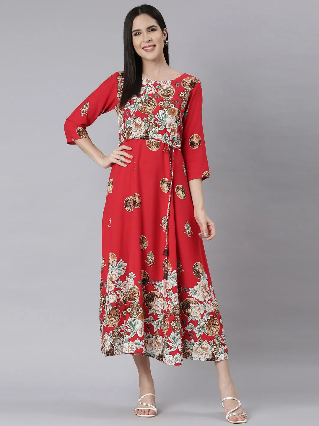 Neerus Red Curved Casual Floral Maxi Dresses