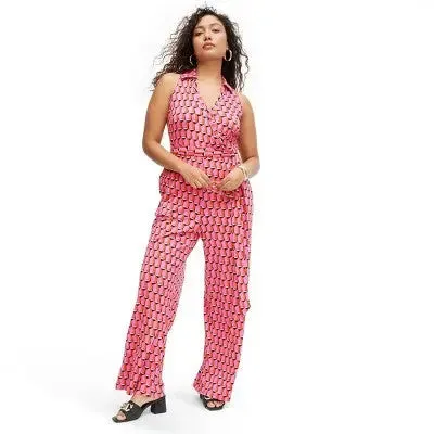 New - Diane von Furstenberg Women's Sleeveless Collared Jumpsuit, Modern Geo Pink